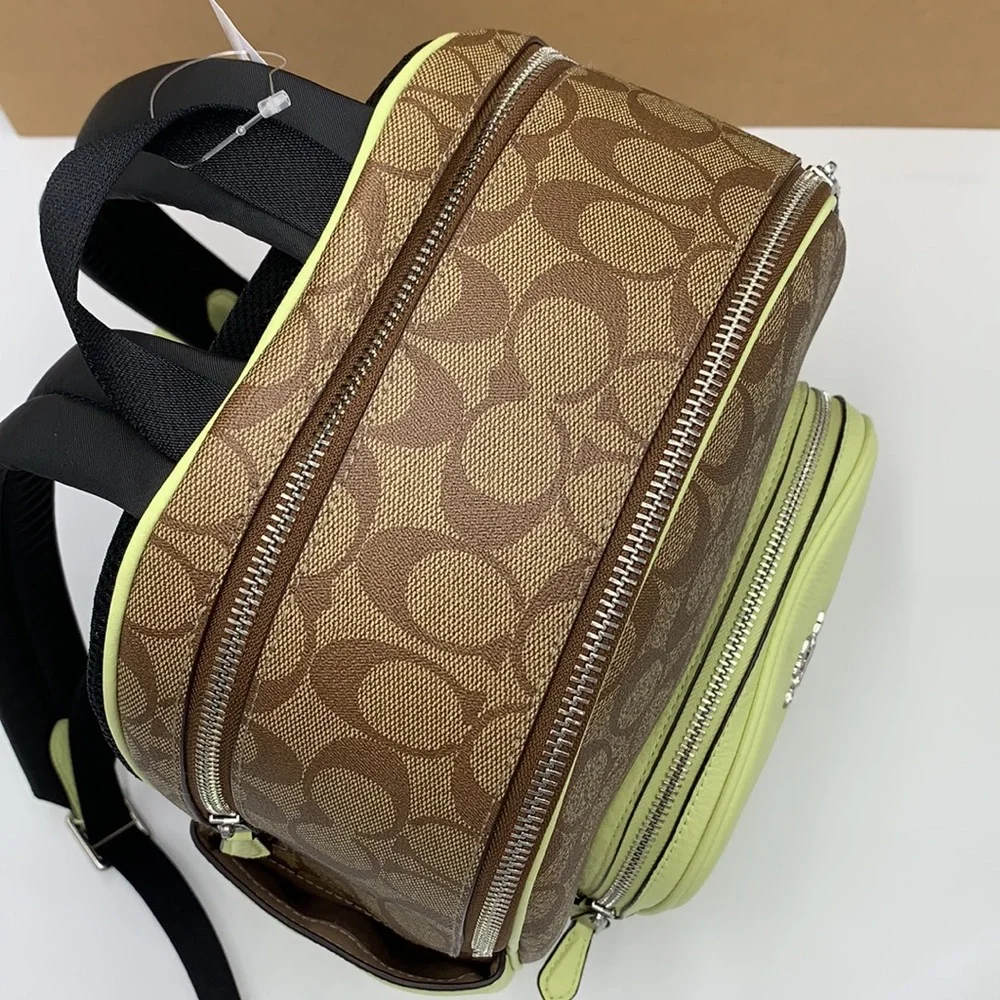COACH NWT COURT BACKPACK IN SIGNATURE CANVAS KHAKI PALE LIME COLOR - Picture 12 of 16